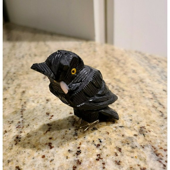 Other - Vtg Black Owl Figure Alabaster? Metal Feet. Halloween Yellow Eyes. Missing Ear